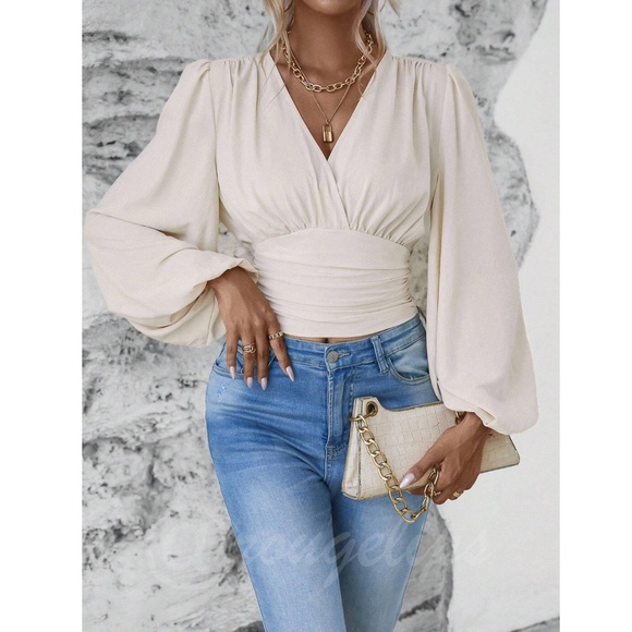 Beige V-Neck Long Lantern Sleeve Ruched Top Shirt Blouse - Picture 6 of 9